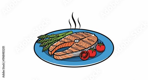 A grilled salmon steak with asparagus and cherry tomatoes