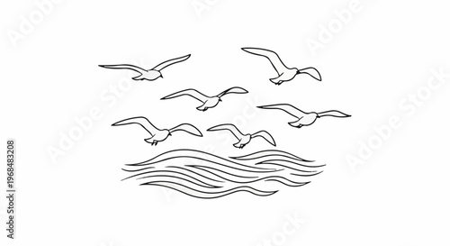 A group of birds gracefully flying over wavy water lines