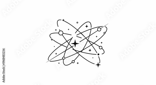 Abstract atomic structure with orbiting elements and stars