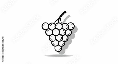 A simple black and white illustration of a bunch of grapes with a shadow