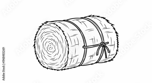 A black and white sketch of a cylindrical hay bale bound by twine