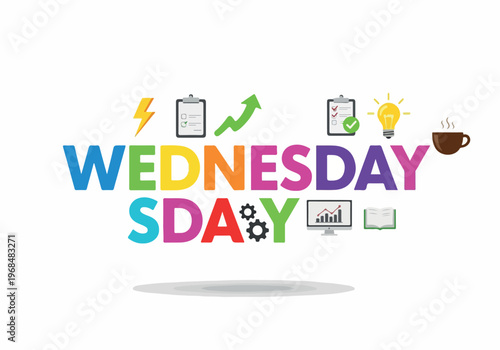 Elevate Your Midweek Workflow Vibrant Wednesday Typography Design Infused with Dynamic Business and Productivity Icons