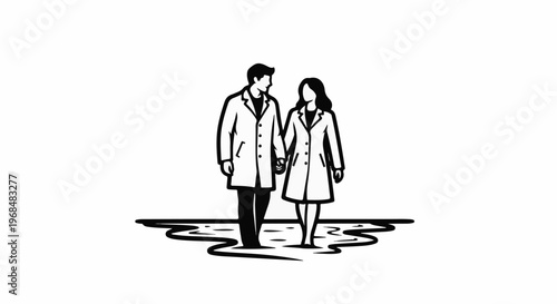 A simple black and white illustration of a couple holding hands