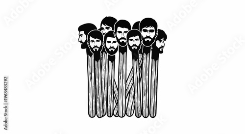 A group of men's faces appear atop matchsticks in black and white
