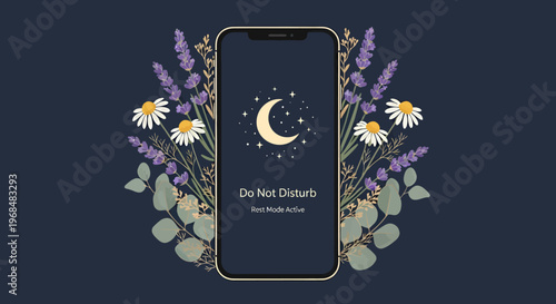 Smartphone with do not disturb mode active surrounded by floral elements