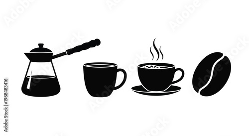 Coffee brewing elements in a minimalist black silhouette