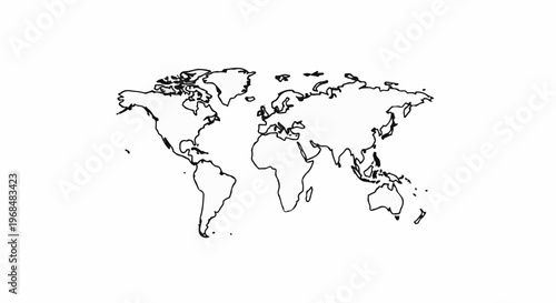 A simple outline map of the world with continents and islands drawn in black