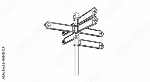 A black and white sketch of a signpost with multiple directional arrows