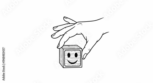 A hand holds a wooden block with a smiley face, implying happiness
