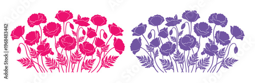 Vibrant Poppy Flowers Vector Set. Two colorful floral arrangements of blooming poppies, ideal for spring and summer designs, decorative borders, or botanical illustrations.