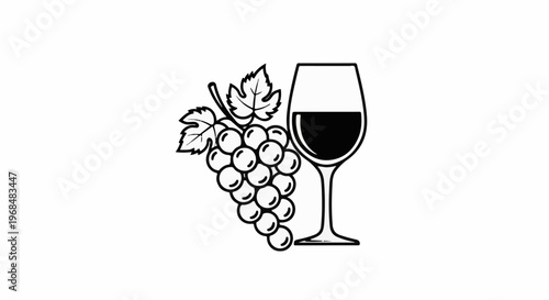 A simple black and white illustration of a wine glass next to grapes