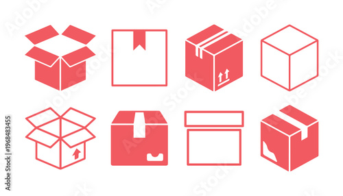 Shipping box vector icon set, red and white cardboard packaging, delivery and logistics symbols, isolated parcel collection for e-commerce and freight.