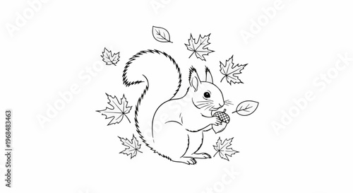 A black and white sketch of a squirrel holding an acorn, surrounded by falling leaves