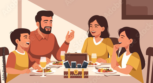 Happy family having dinner together and putting away their smartphones