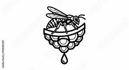 A stylized depiction of a wasp on a honeycomb with a drop of liquid