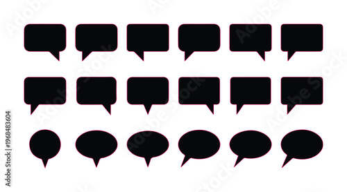 Minimalist black speech bubble vector set, 18 modern communication chat box shapes, versatile graphic resource for UI/UX design, social media, and web projects