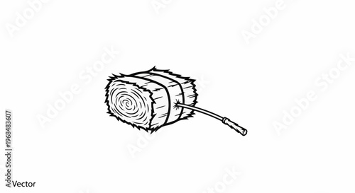 A hand-drawn illustration of a cylindrical hay bale with a pointed stick inserted