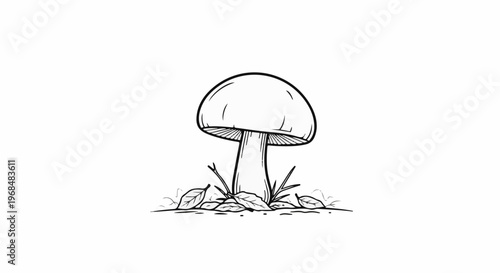 A hand-drawn illustration of a single mushroom with leaves and grass