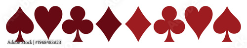 Classic Playing Card Suits Vector Set, traditional poker game symbols, red spades, hearts, clubs, and diamonds, casino gambling design elements