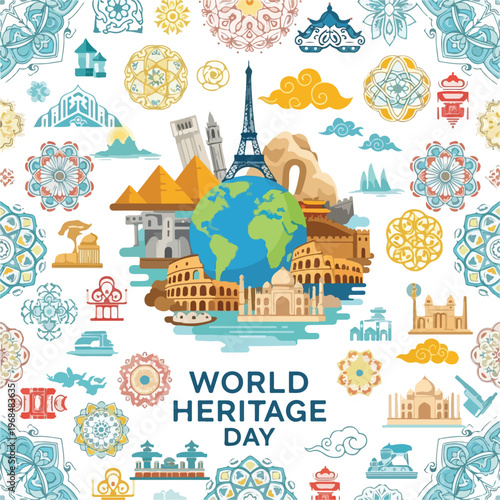 Colorful illustration celebrating World Heritage Day with landmarks & designs