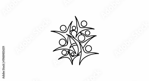 Abstract black line art of stylized figures in a circular arrangement