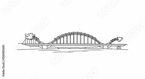 A stylized dragon bridge arches over water, an iconic design