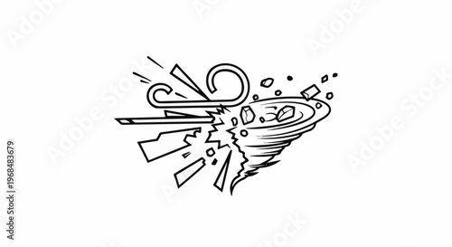 A stylized drawing of a tornado with debris swirling around it