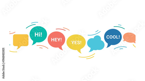 Bubble Conversation: An array of colorful speech bubbles, each holding a different message, float across a bright space, evoking the essence of communication, interaction.