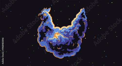 A stylized, fiery chicken made of blue and purple clouds with a yellow center