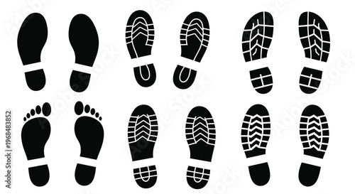 Various footwear impressions displayed as striking black shapes silhouette