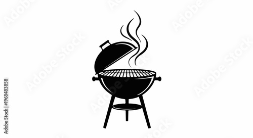 A black silhouette of a charcoal grill with the lid ajar, emitting smoke