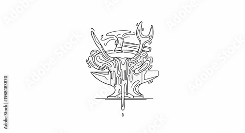 A stylized, flowing illustration of a blacksmith's anvil with a hammer striking