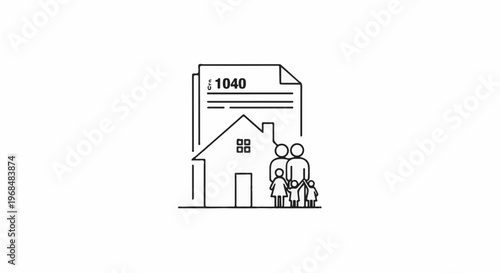 A simplified line drawing depicts a family standing in front of a house with a tax form