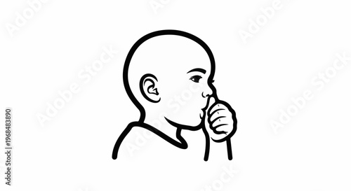 A simplified line drawing of a child's head with a finger to their lips