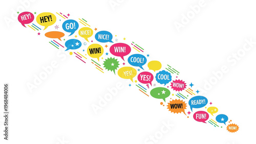 Colorful Conversation Bubbles: A vibrant array of speech bubbles, each bursting with enthusiastic exclamations, cascade in a dynamic, diagonal flow, a visual representation of lively.