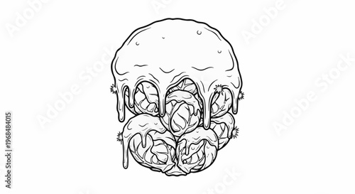 A stylized, hand-drawn illustration of glazed balls stacked, with dripping icing