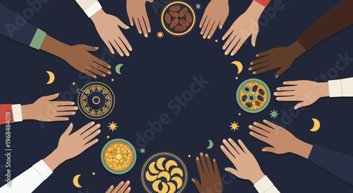 Ramadan Shared Meal Illustration Crescent Moon Star