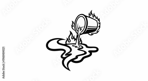 A stylized illustration depicts a bucket of molten material spilling and flaming