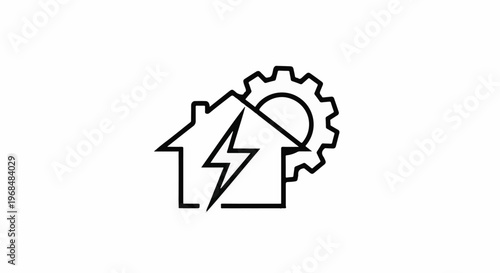 A house outline with a lightning bolt, sun, and gear