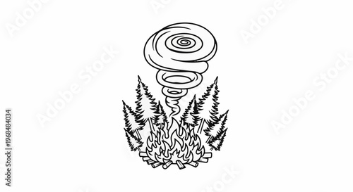 A stylized illustration depicts a wildfire with a swirling vortex above trees
