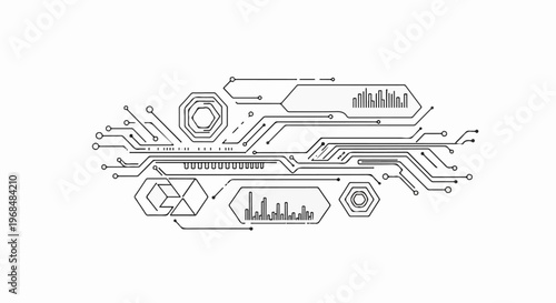 Abstract digital circuit board with hexagonal and cubical geometric elements and lines
