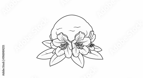 Abstract doodle featuring a smiling round head with eyes, adorned with blooming flowers