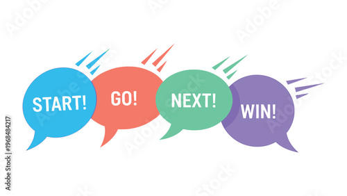 Motivational Speech Bubbles: A vibrant illustration showcasing four speech bubbles, each emblazoned with inspiring action words: START!, GO!, NEXT!.