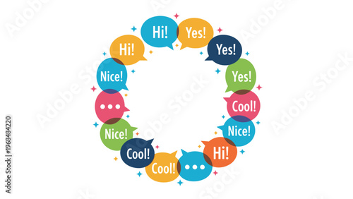 Communication Circle: A vibrant illustration showcasing a circular arrangement of colorful speech bubbles, each expressing positive and engaging conversational prompts and sentiments. 