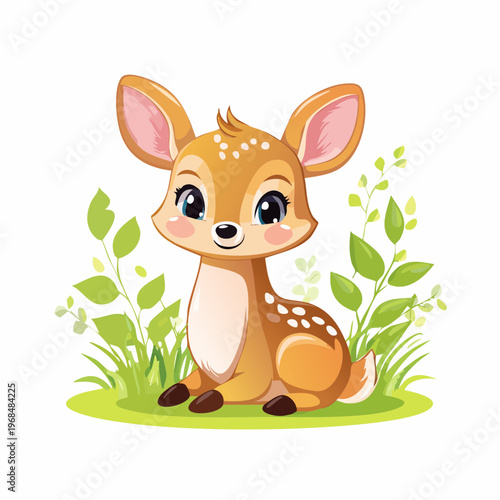 Niedliches Rehkitz sitzt im Gras – Cartoon Stil