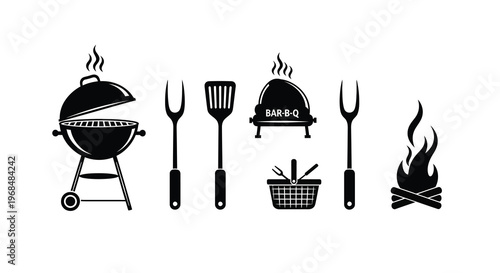 Barbecue tools and grill with flame a bold black silhouette