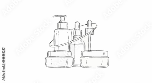 A sketch of beauty bottles and jars on a white background