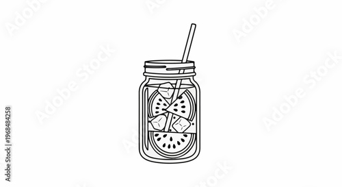 A stylized line drawing of a jar with a refreshing beverage and fruit slices