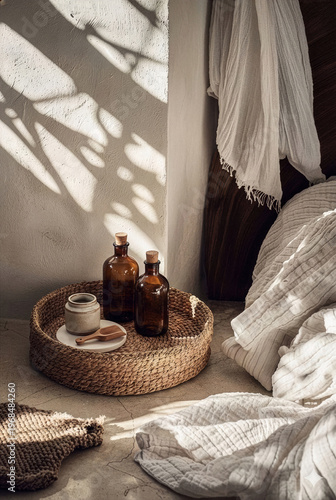 Amber Glass Apothecary Bottles And Wooden Scoop In Wicker Tray On Bedside Floor With Linens