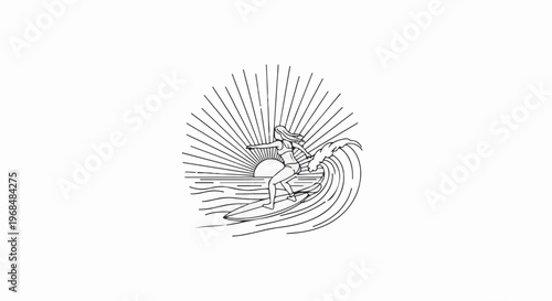 A stylized line drawing of a surfer riding a wave at sunset with radiating sun rays